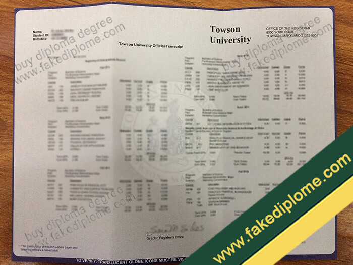 Towson University diploma, Towson University degree sample, Towson University fake transcript