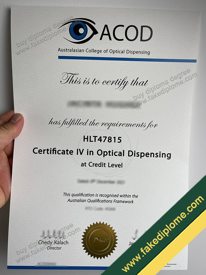 Australasian College of Optical Dispensing diploma, Australasian College of Optical Dispensing certificate