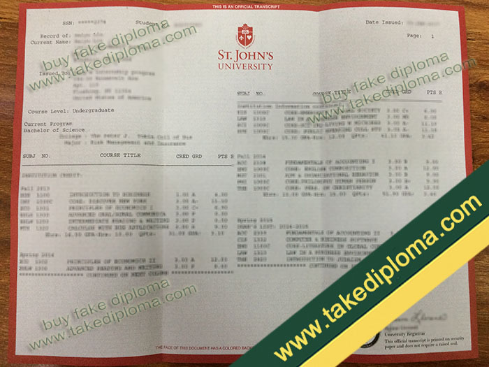 St. John's University diploma, St. John's University degree, St. John's University transcript